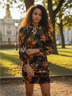 FARM Rio Black Floral Velvet Mini Dress with Yellow & Green Accents